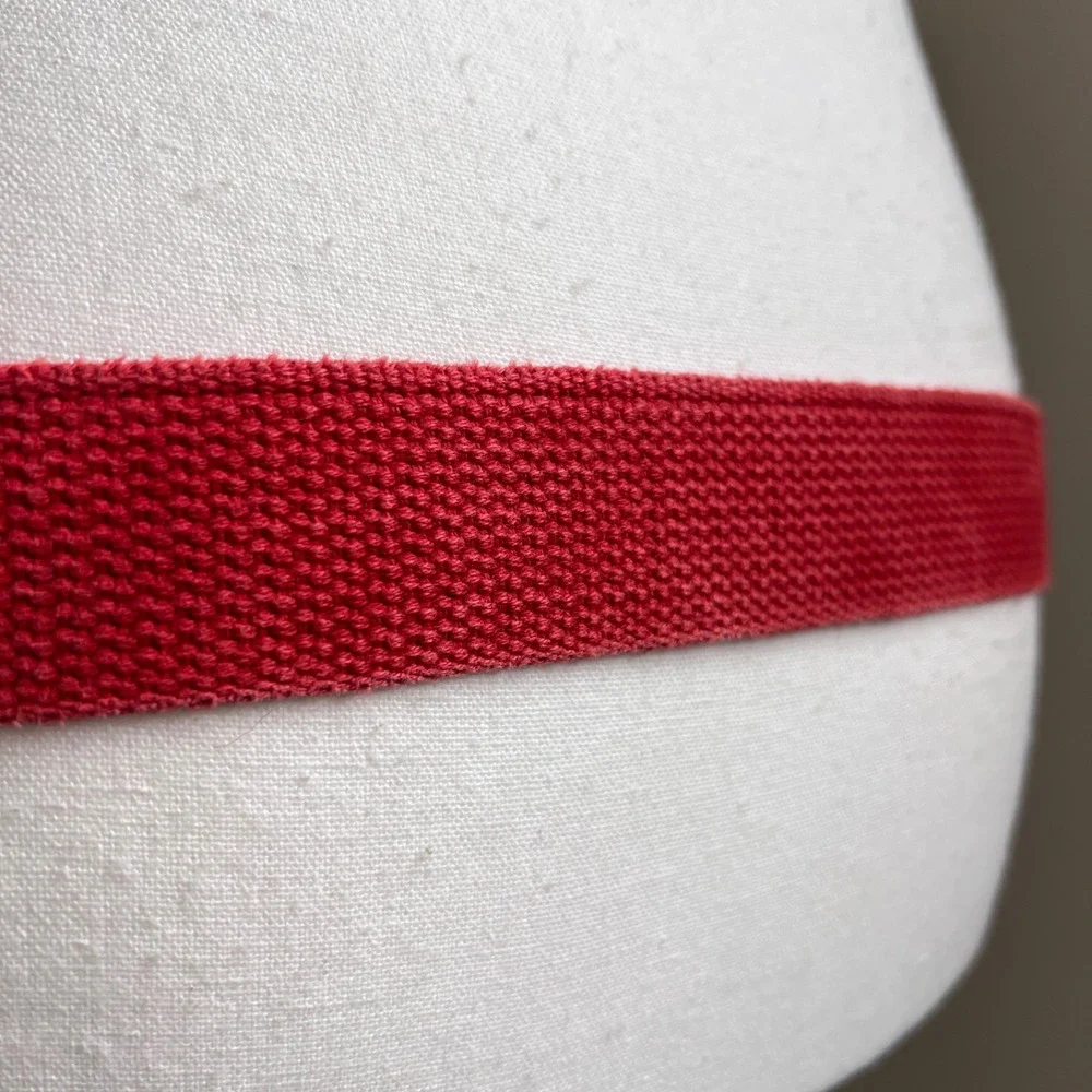 Vintage Red Canvas Brown‎ Leather Belt Silver Buckle Preppy Statement